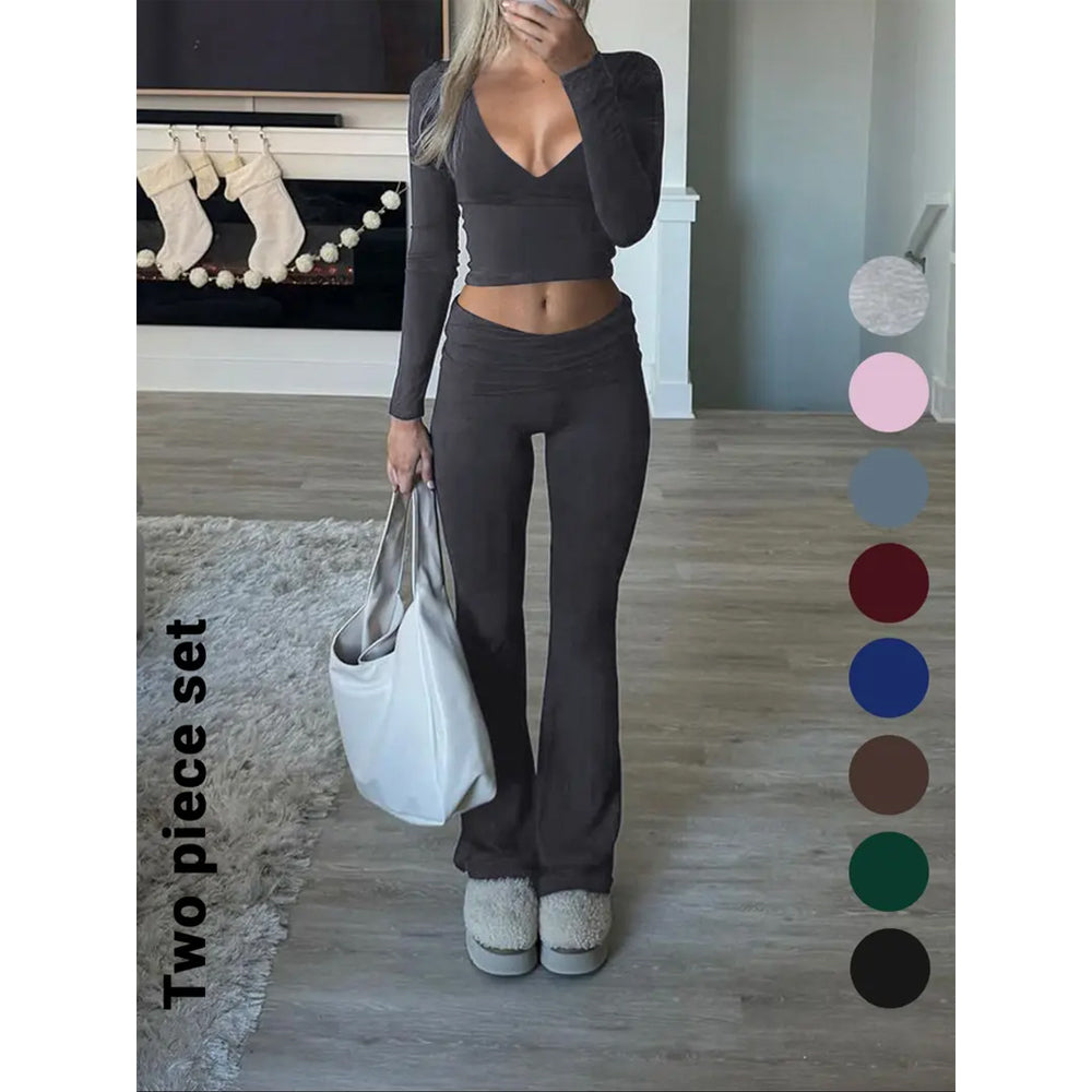 Slim-Fit Crop Top & Pants Two-Piece Set, Chic Solid Color V-Neck Long Sleeve for Fall and Winter