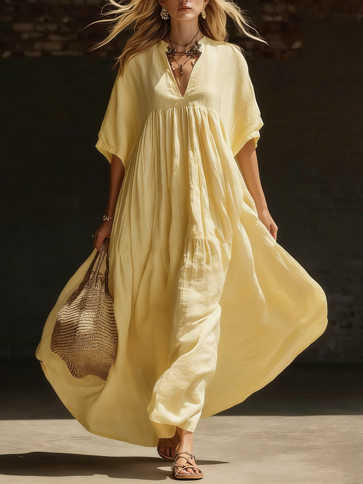 Cozy Vacation V-neck Loose Linen Cotton Maxi Dress