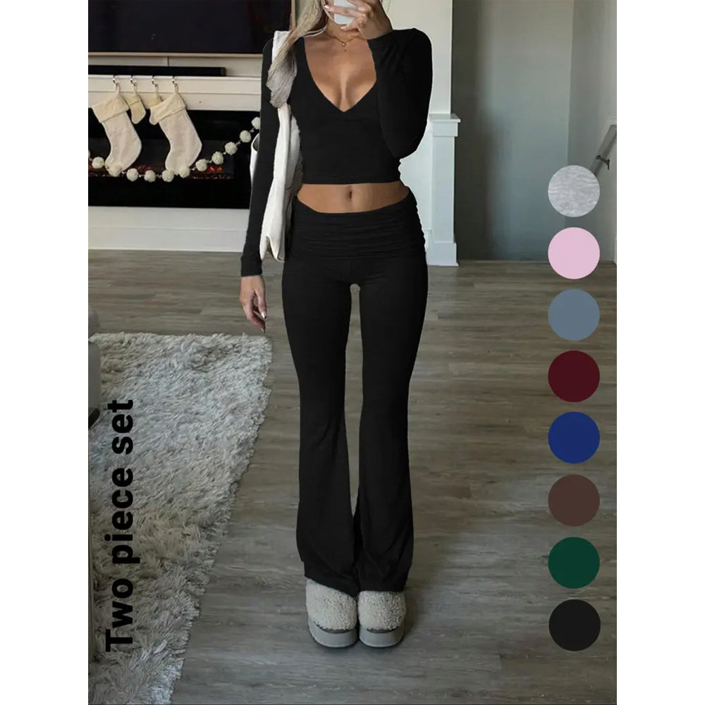 Slim-Fit Crop Top & Pants Two-Piece Set, Chic Solid Color V-Neck Long Sleeve for Fall and Winter