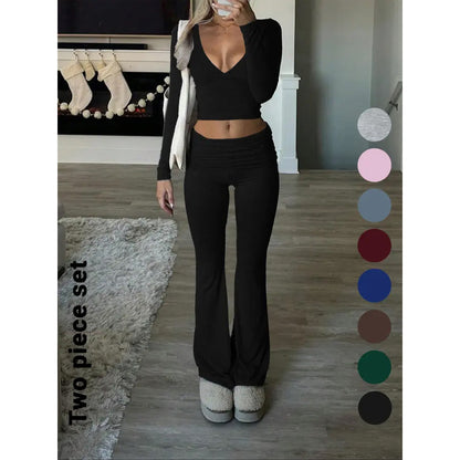 Slim-Fit Crop Top & Pants Two-Piece Set, Chic Solid Color V-Neck Long Sleeve for Fall and Winter
