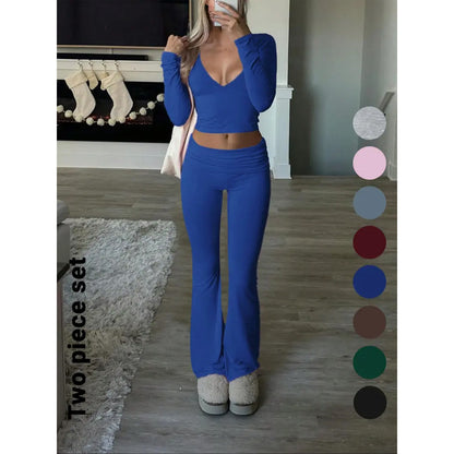 Slim-Fit Crop Top & Pants Two-Piece Set, Chic Solid Color V-Neck Long Sleeve for Fall and Winter