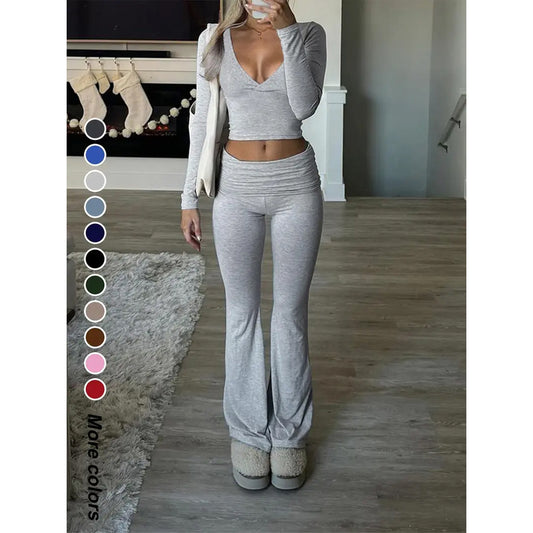 Slim-Fit Crop Top & Pants Two-Piece Set, Chic Solid Color V-Neck Long Sleeve for Fall and Winter