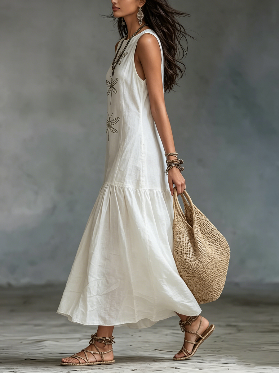 Retro Boho Dragonfly Print Linen Maxi Dress