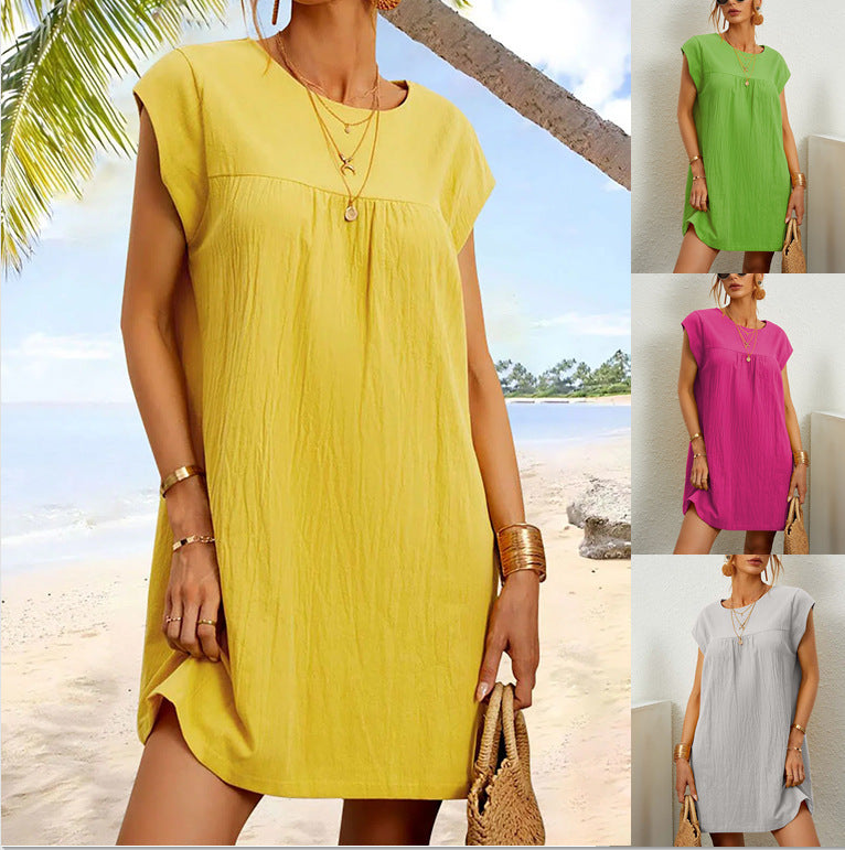 Cotton Linen Round Neck Beach Dress