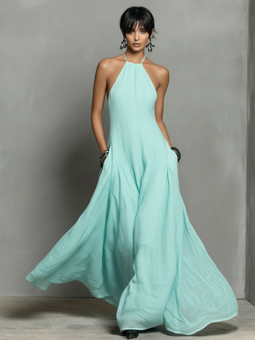 Women's Minimalist Linen Blend Halter Maxi Dress
