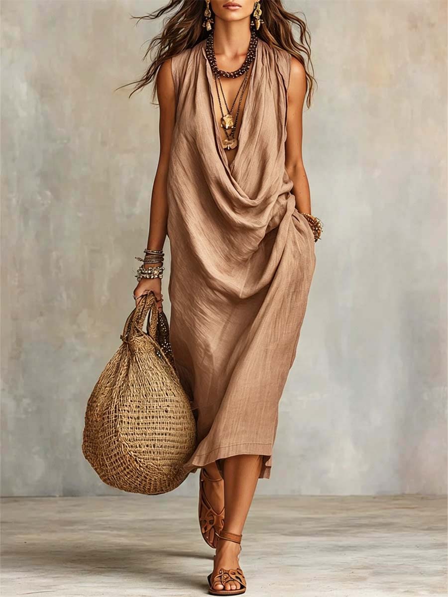 Women's Casual Cotton Linen Collared Dress
