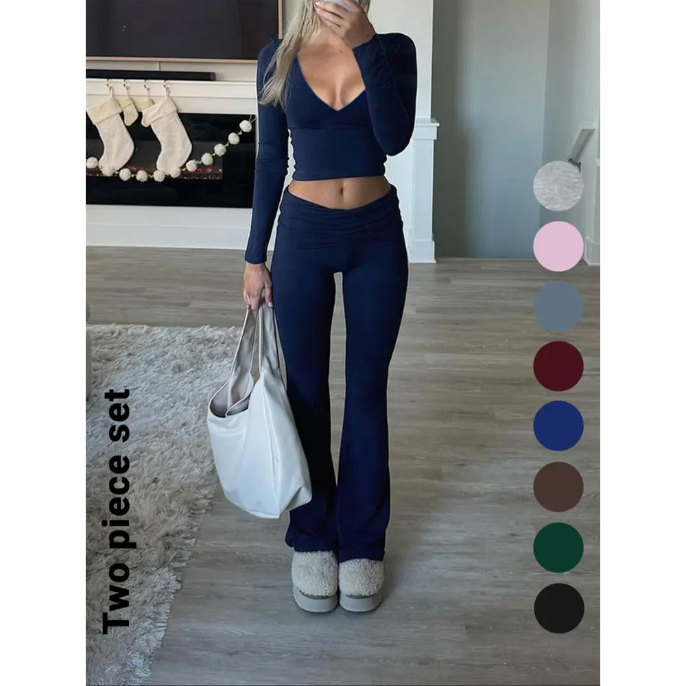 Slim-Fit Crop Top & Pants Two-Piece Set, Chic Solid Color V-Neck Long Sleeve for Fall and Winter
