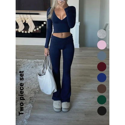 Slim-Fit Crop Top & Pants Two-Piece Set, Chic Solid Color V-Neck Long Sleeve for Fall and Winter