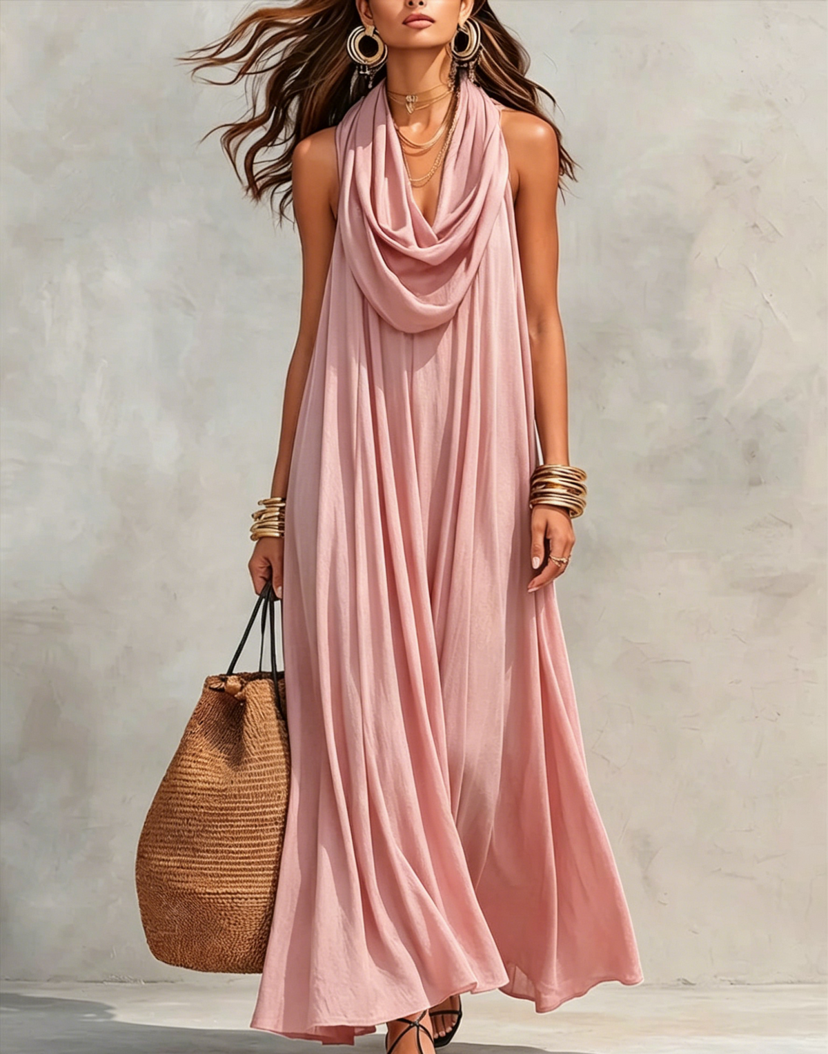 Women's Flowy Stand-Collar Casual Dress