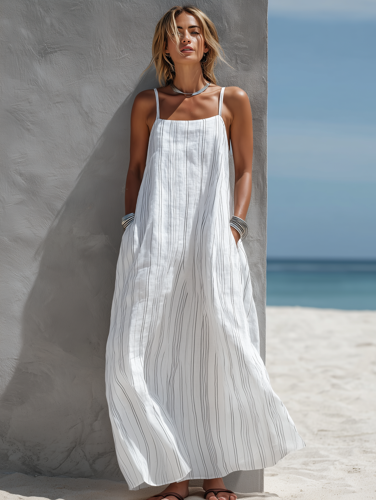 Mother's Day Sale Women's Casual White Vertical Striped Woven Sleeveless Loose Long Dress