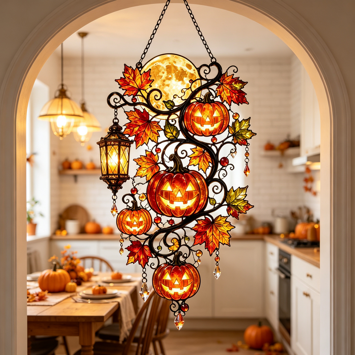 Halloween Pumpkin Moon Stained Glass Window Hanging