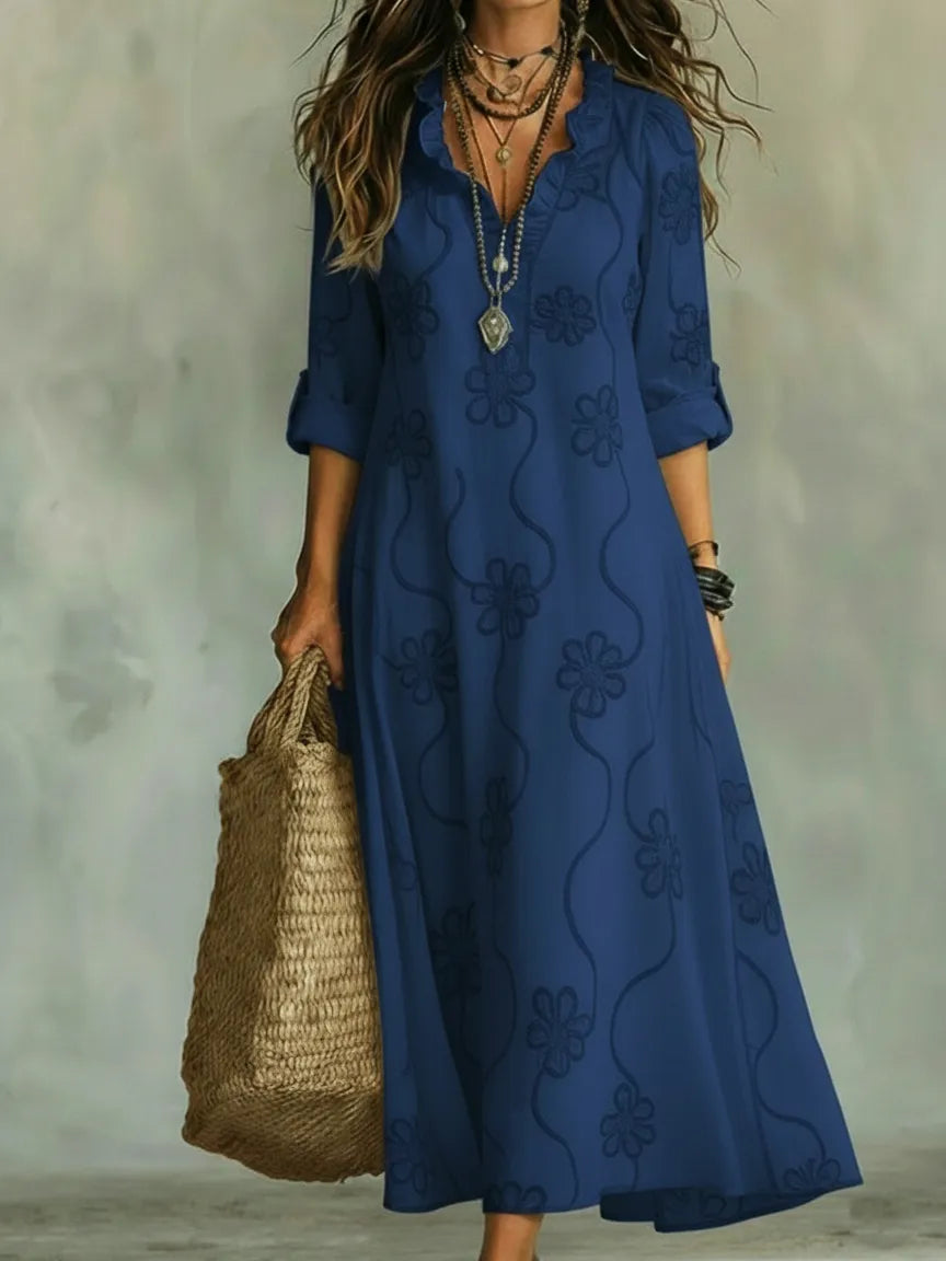 Retro Floral Ruffled-Collar A-Line Dress