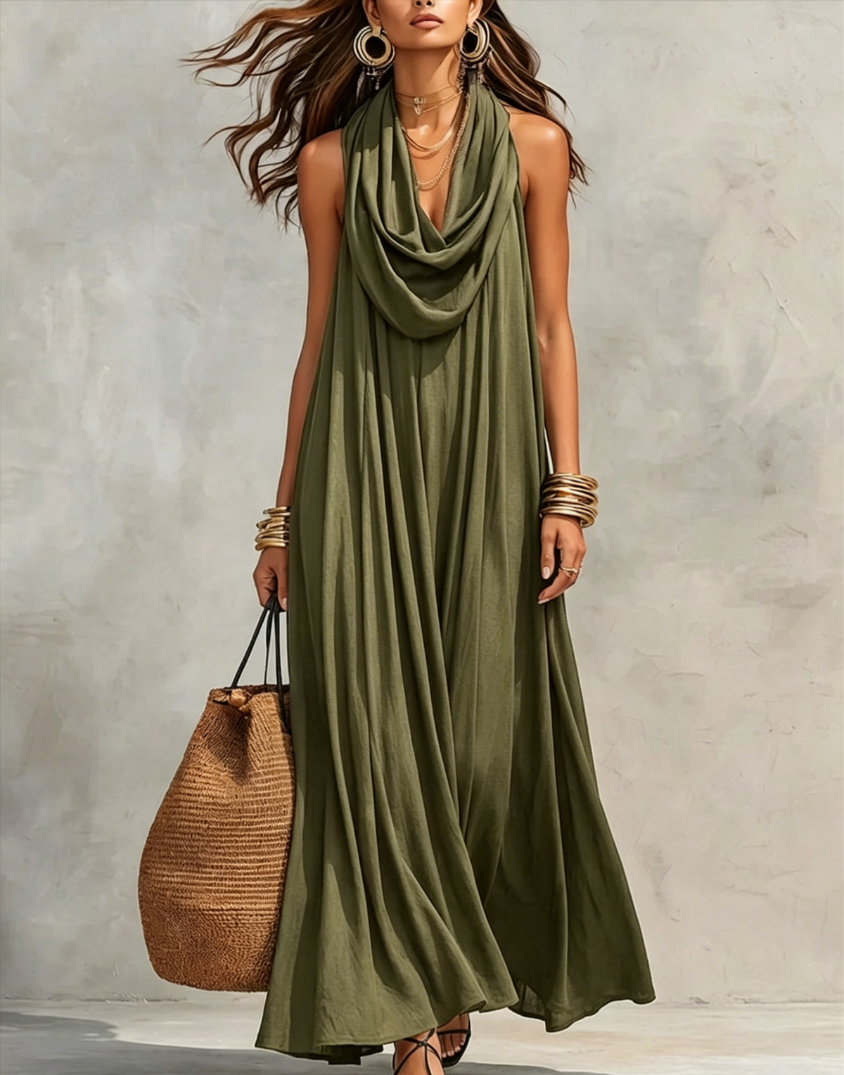 Women's Flowy Stand-Collar Casual Dress