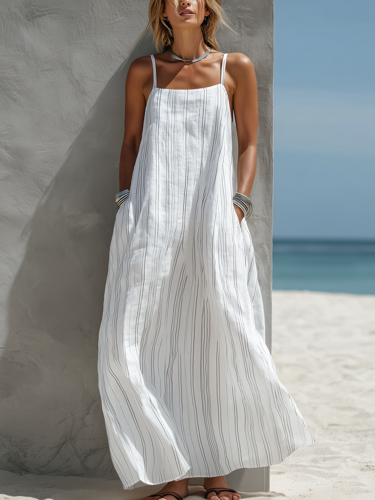 Mother's Day Sale Women's Casual White Vertical Striped Woven Sleeveless Loose Long Dress