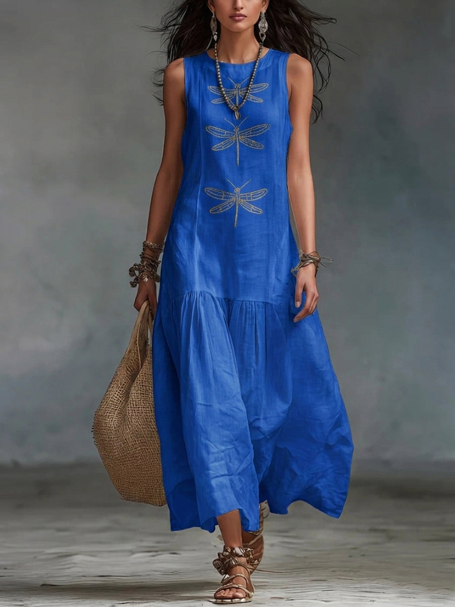 Retro Boho Dragonfly Print Linen Maxi Dress