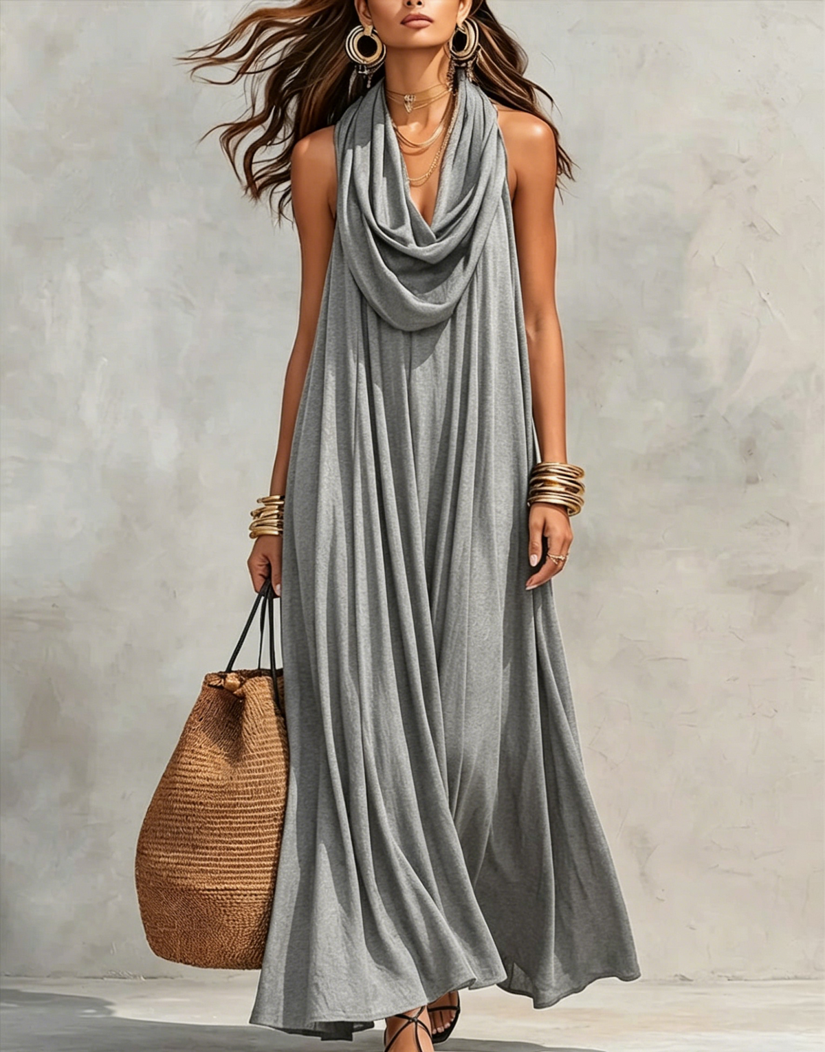 Women's Flowy Stand-Collar Casual Dress