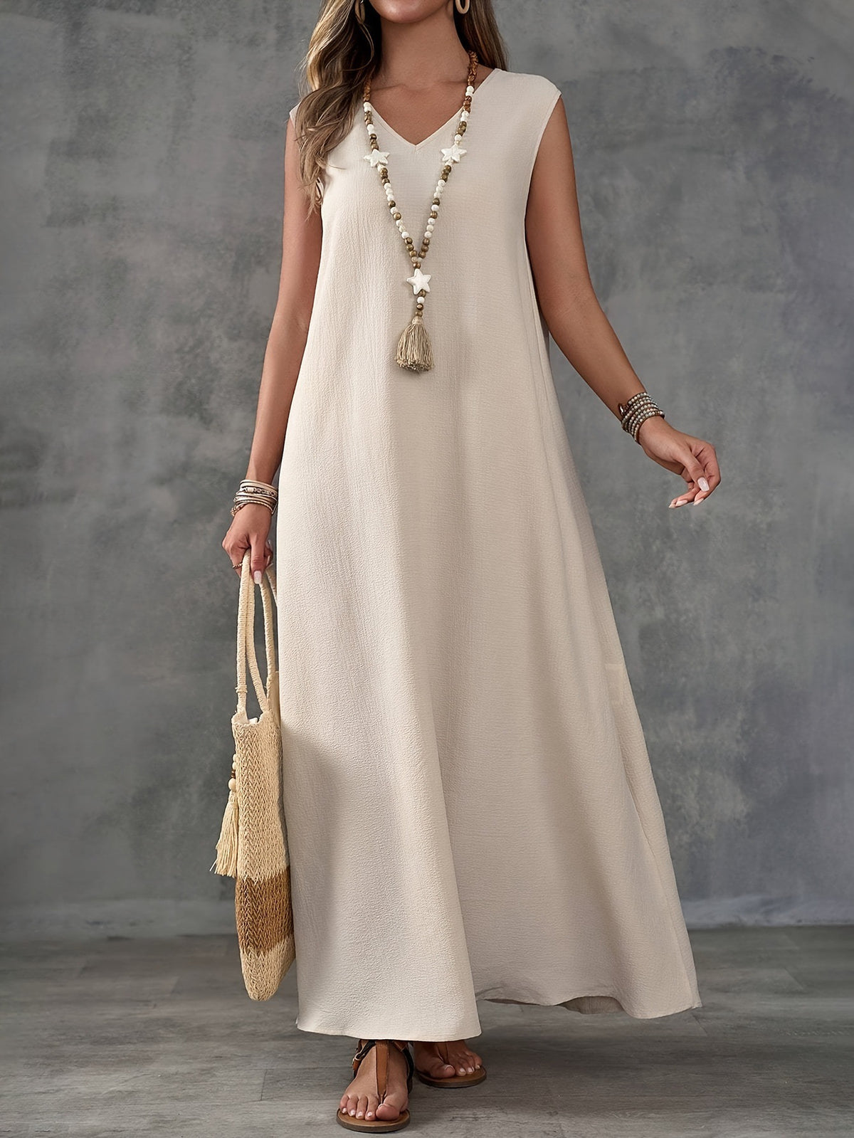 Boho Chic Linen-Blend Side-Slit Maxi Dress