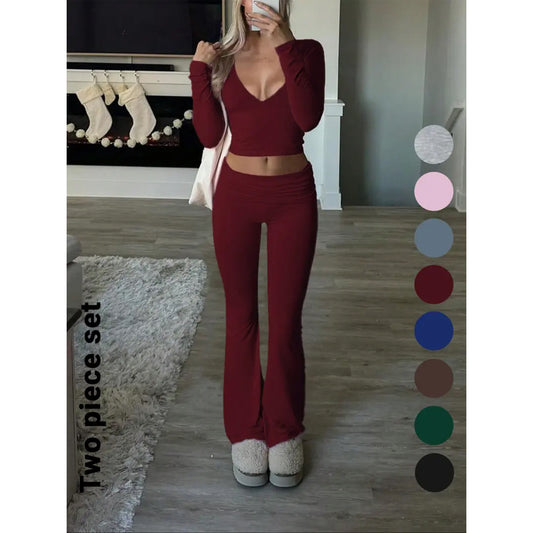 Slim-Fit Crop Top & Pants Two-Piece Set, Chic Solid Color V-Neck Long Sleeve for Fall and Winter