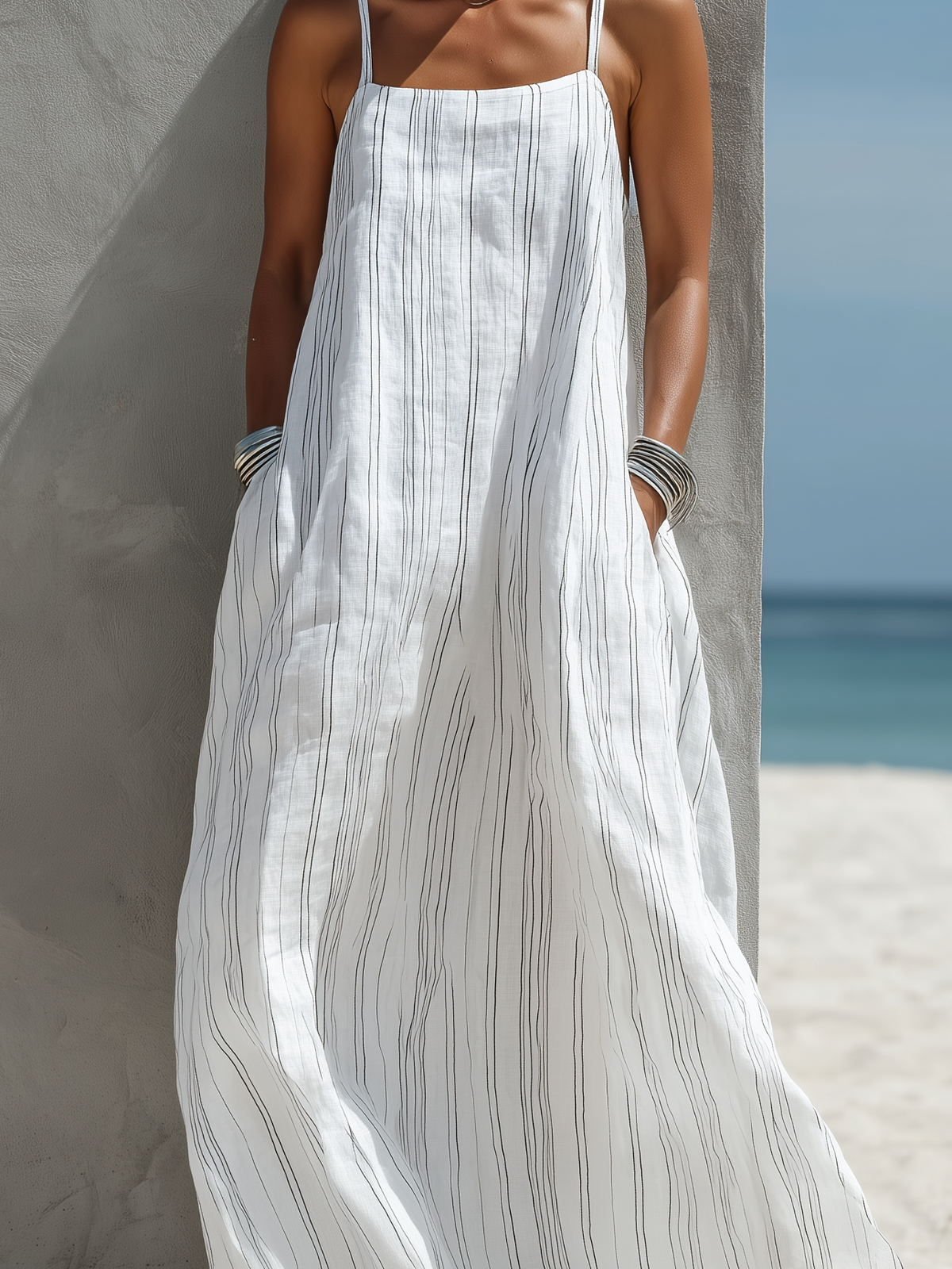 Mother's Day Sale Women's Casual White Vertical Striped Woven Sleeveless Loose Long Dress