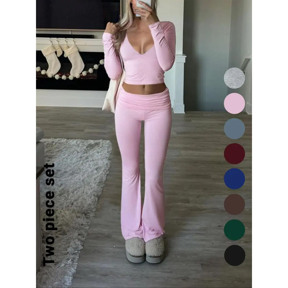 Slim-Fit Crop Top & Pants Two-Piece Set, Chic Solid Color V-Neck Long Sleeve for Fall and Winter