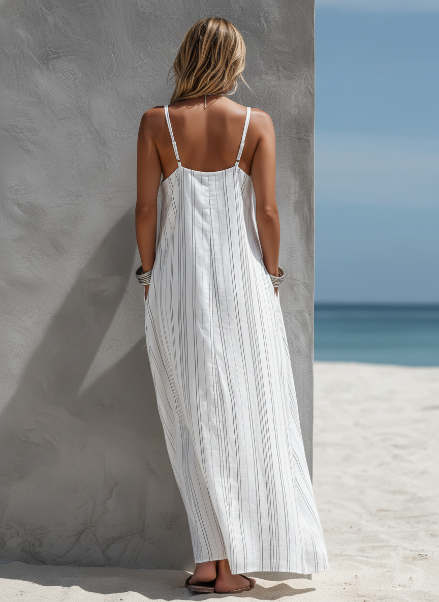 Mother's Day Sale Women's Casual White Vertical Striped Woven Sleeveless Loose Long Dress