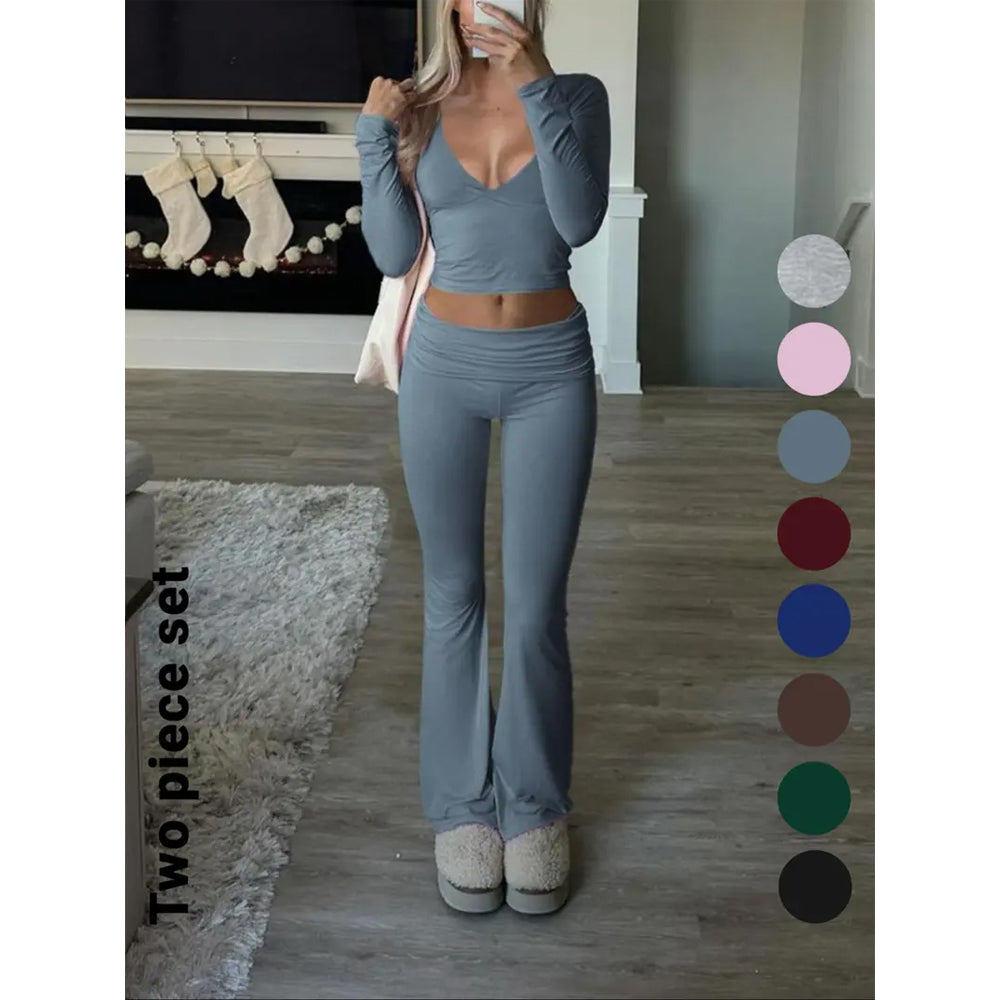Slim-Fit Crop Top & Pants Two-Piece Set, Chic Solid Color V-Neck Long Sleeve for Fall and Winter