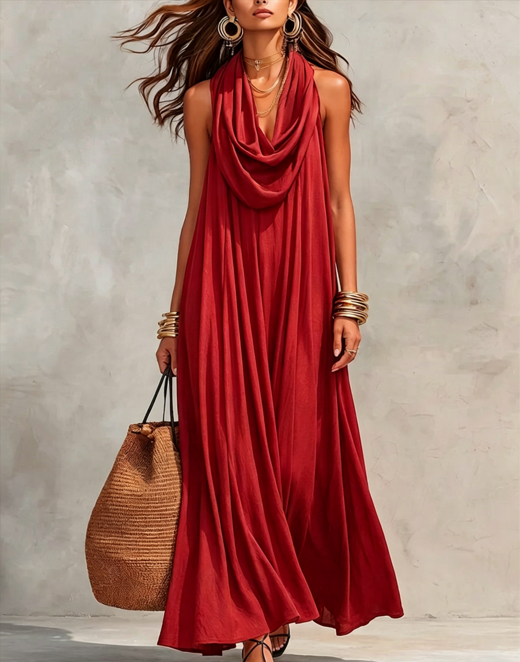 Women's Flowy Stand-Collar Casual Dress