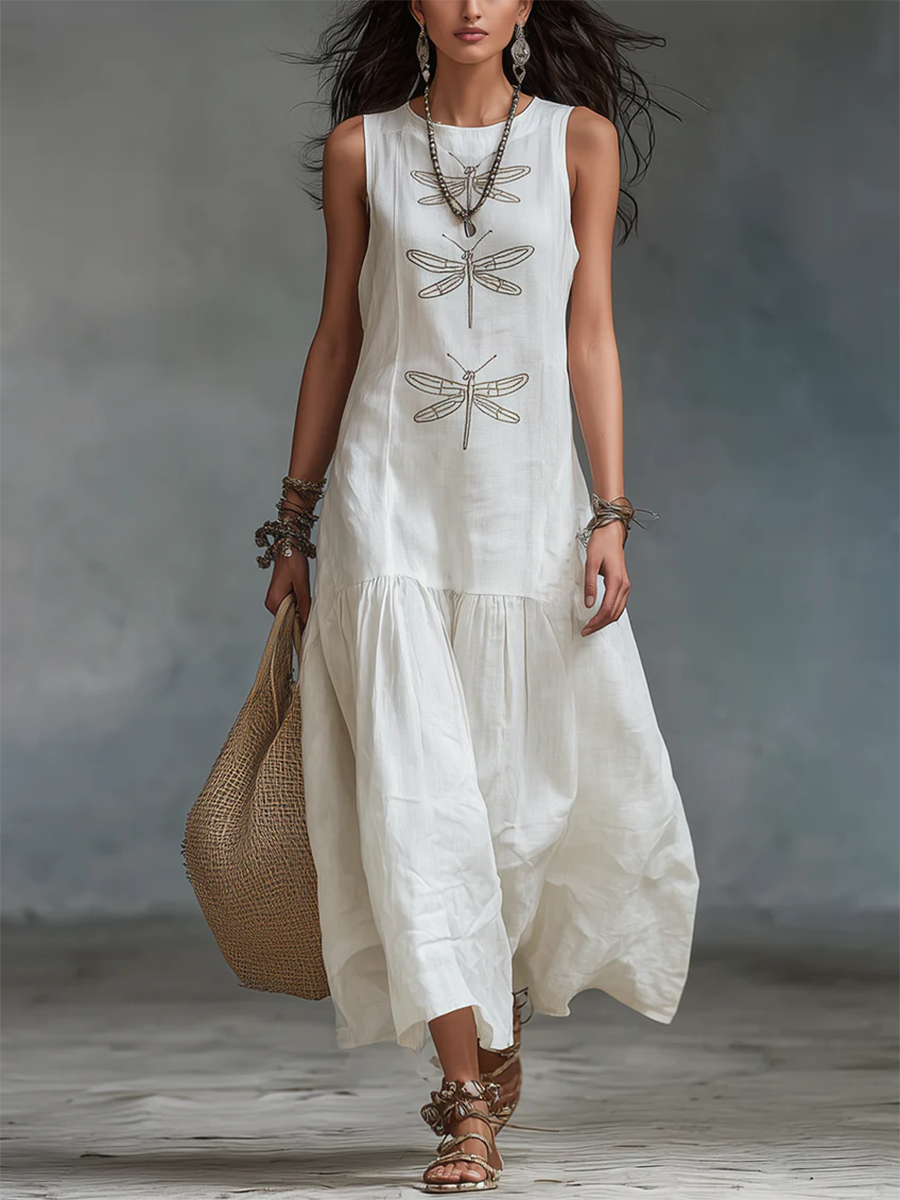 Retro Boho Dragonfly Print Linen Maxi Dress