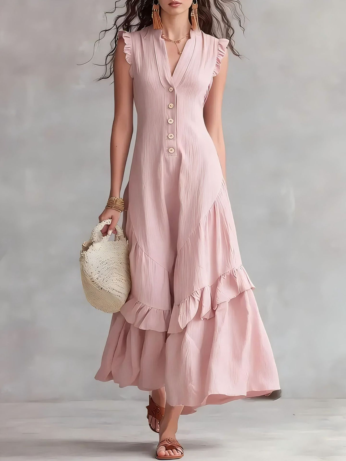 Ruffle-Hem Linen-Blend Maxi Dress