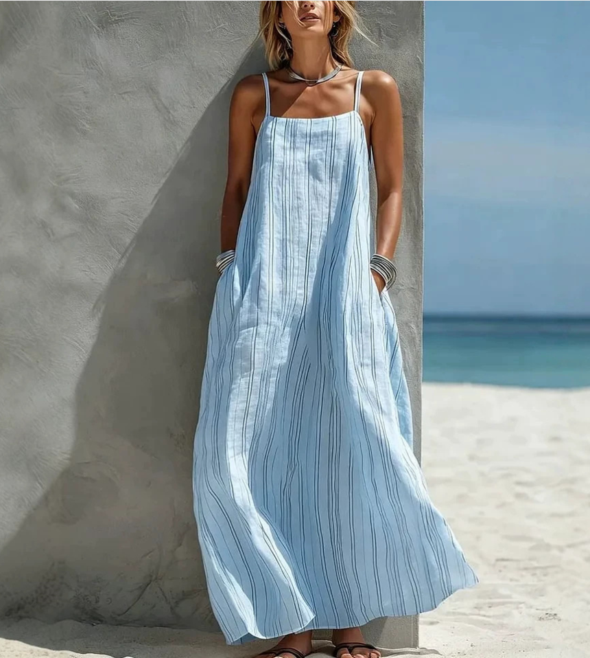 Mother's Day Sale Women's Casual White Vertical Striped Woven Sleeveless Loose Long Dress