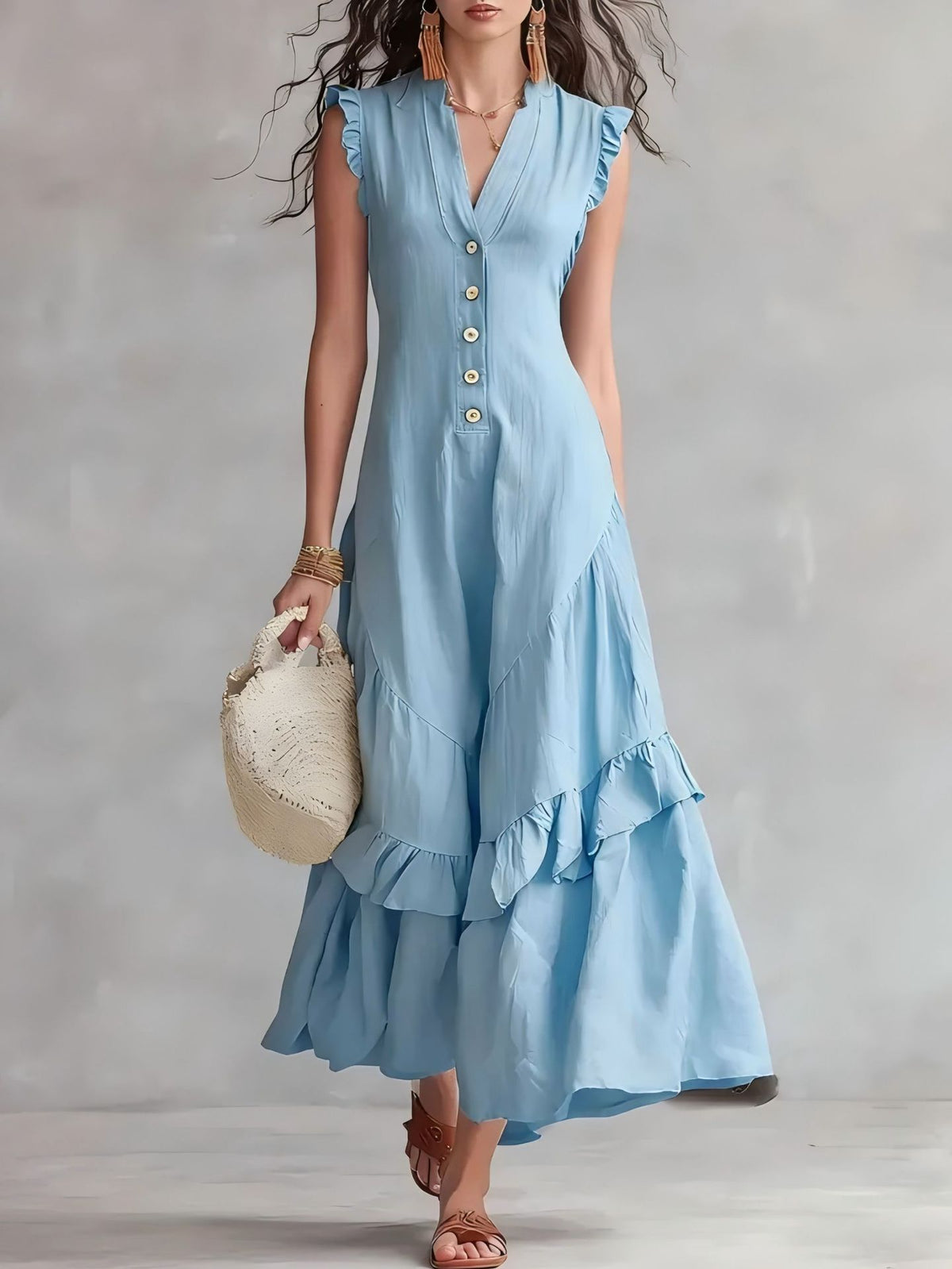 Ruffle-Hem Linen-Blend Maxi Dress