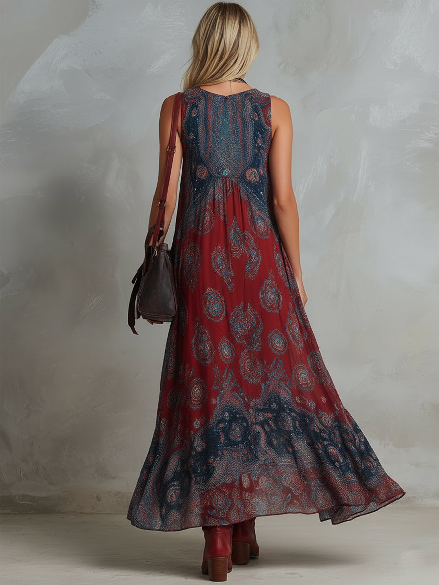 Women's Retro Bohemian Print Chiffon Maxi Dress