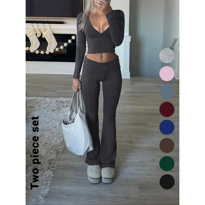 Slim-Fit Crop Top & Pants Two-Piece Set, Chic Solid Color V-Neck Long Sleeve for Fall and Winter