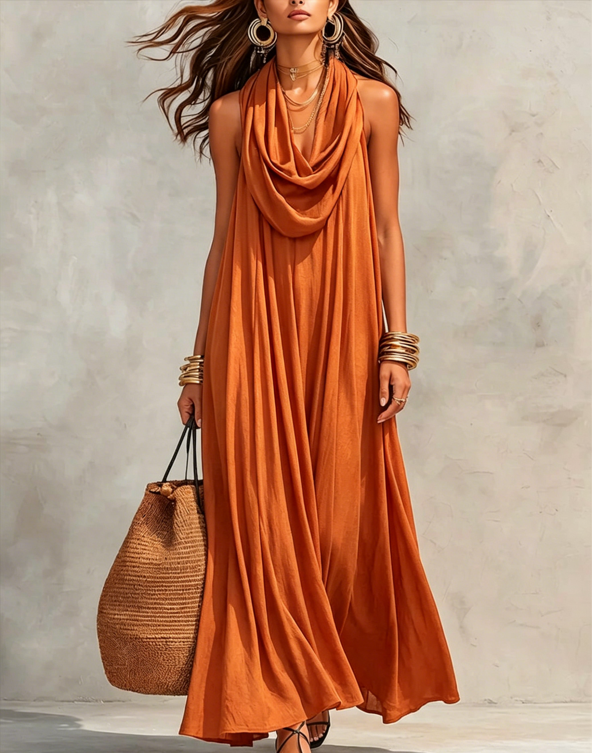 Women's Flowy Stand-Collar Casual Dress