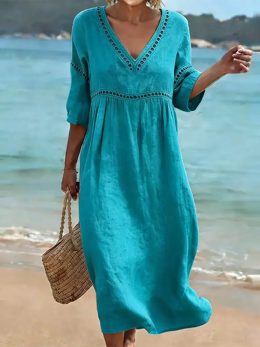 Women's Linen V-Neck Midi Dress