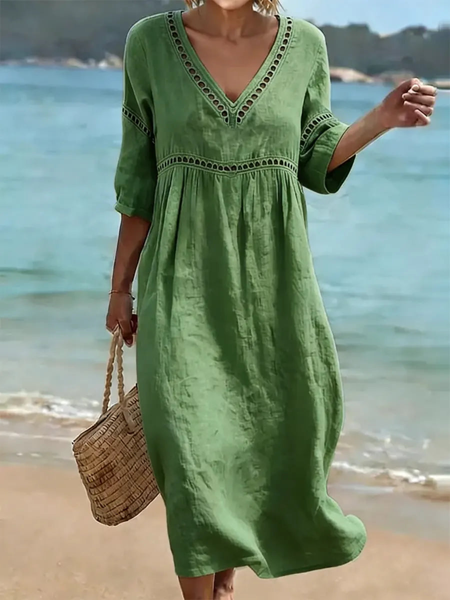Women's Linen V-Neck Midi Dress