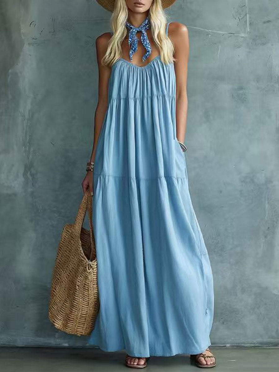 Women's Bohemian Cotton-Linen Sleeveless Maxi Dress