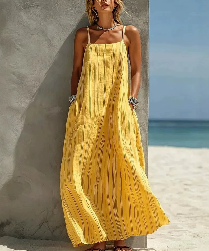 Mother's Day Sale Women's Casual White Vertical Striped Woven Sleeveless Loose Long Dress
