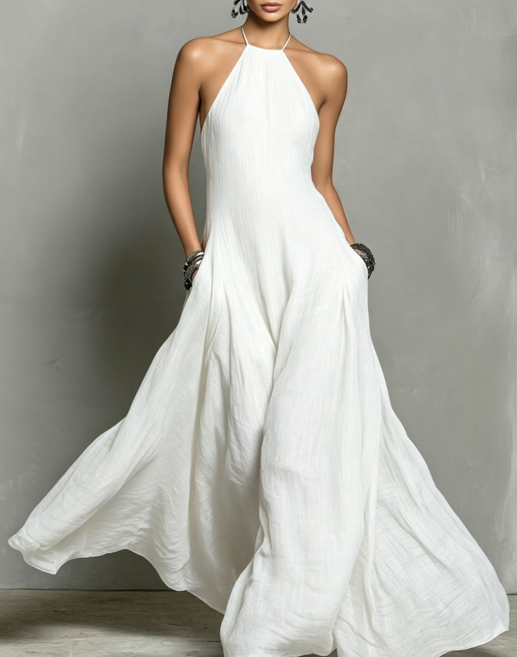 Women's Minimalist Linen Blend Halter Maxi Dress