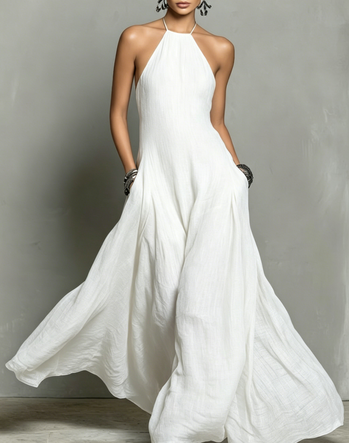 Women's Minimalist Linen Blend Halter Maxi Dress