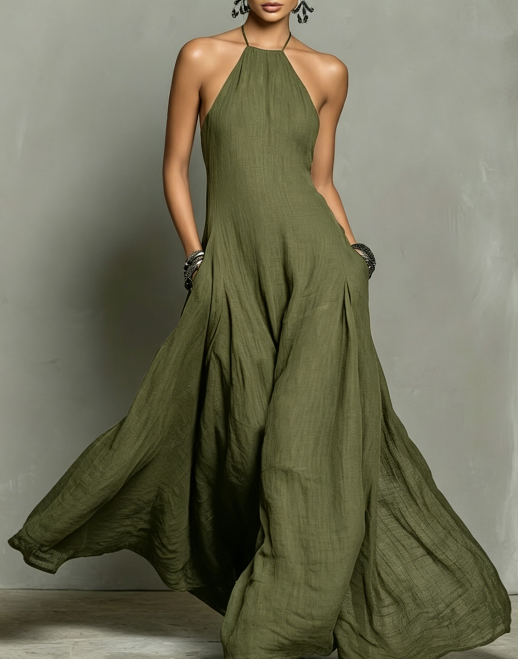 Women's Minimalist Linen Blend Halter Maxi Dress