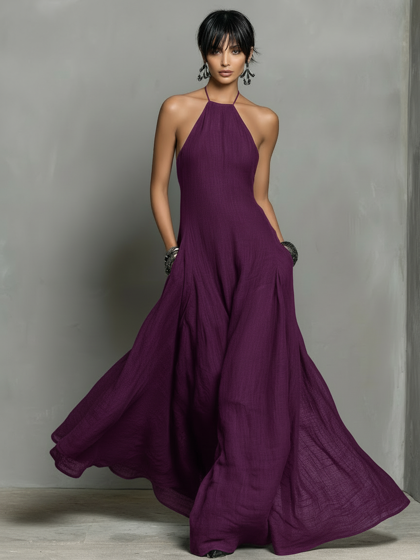 Women's Minimalist Linen Blend Halter Maxi Dress