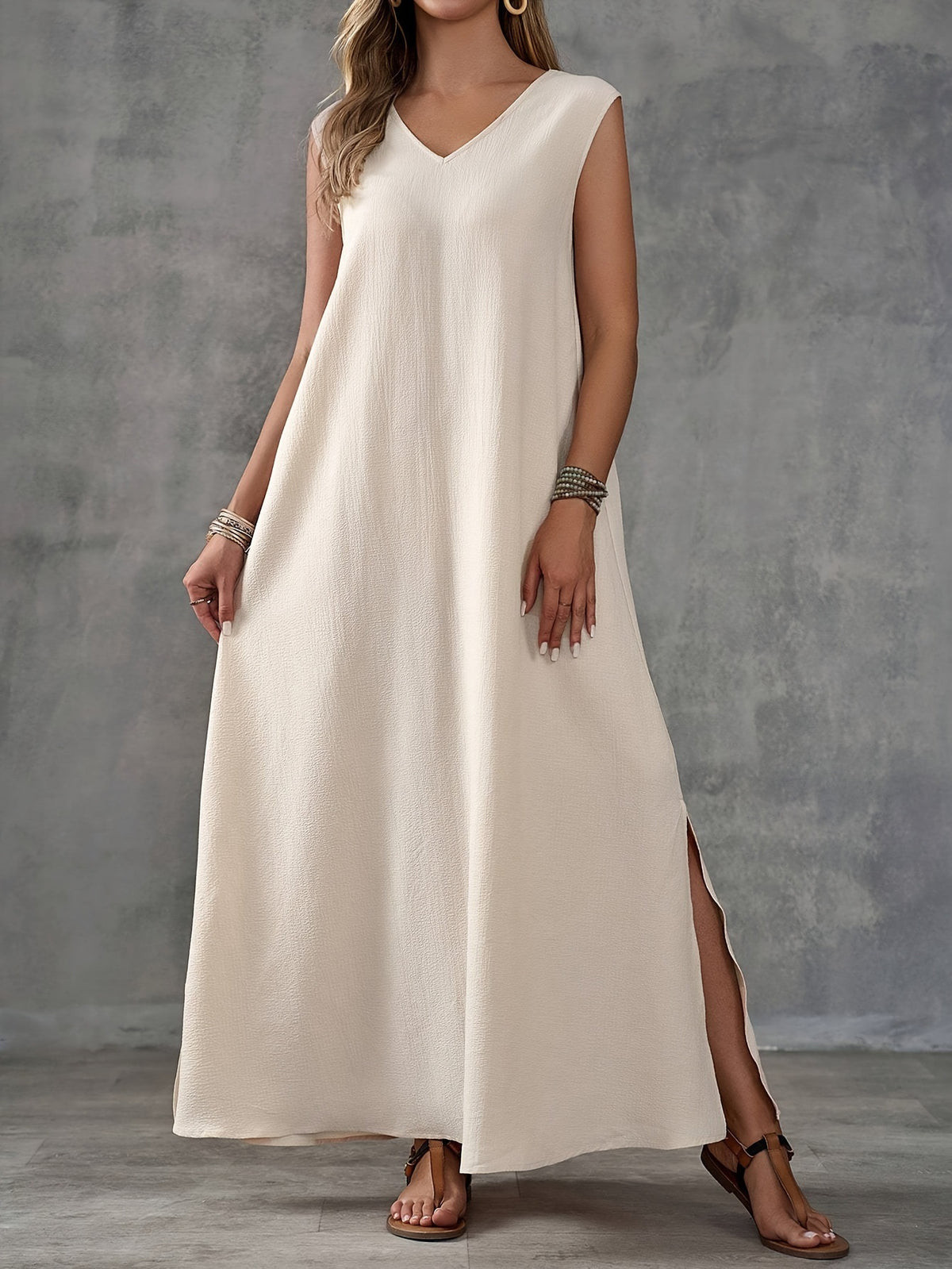 Boho Chic Linen-Blend Side-Slit Maxi Dress