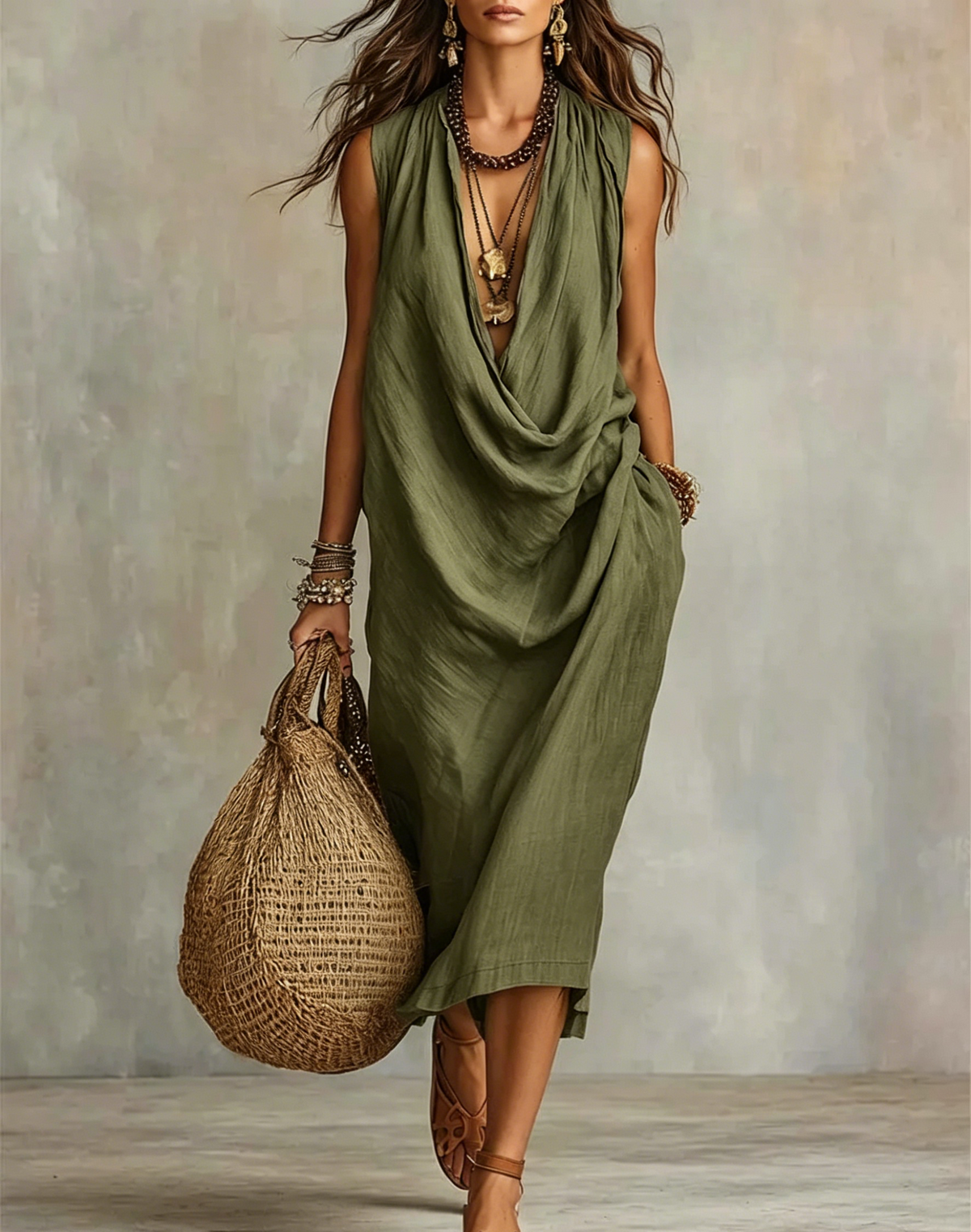 Women's Casual Cotton Linen Collared Dress
