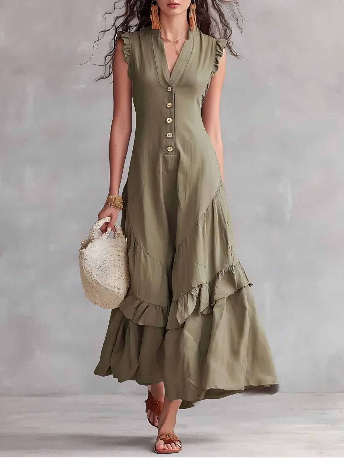 Ruffle-Hem Linen-Blend Maxi Dress