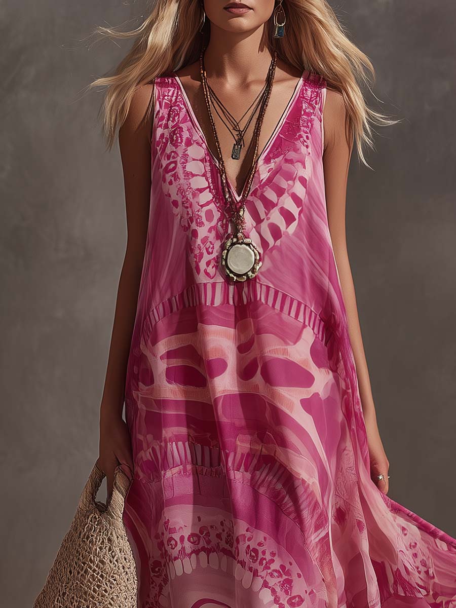 Women's Retro Print Chiffon V-Neck Maxi Dress