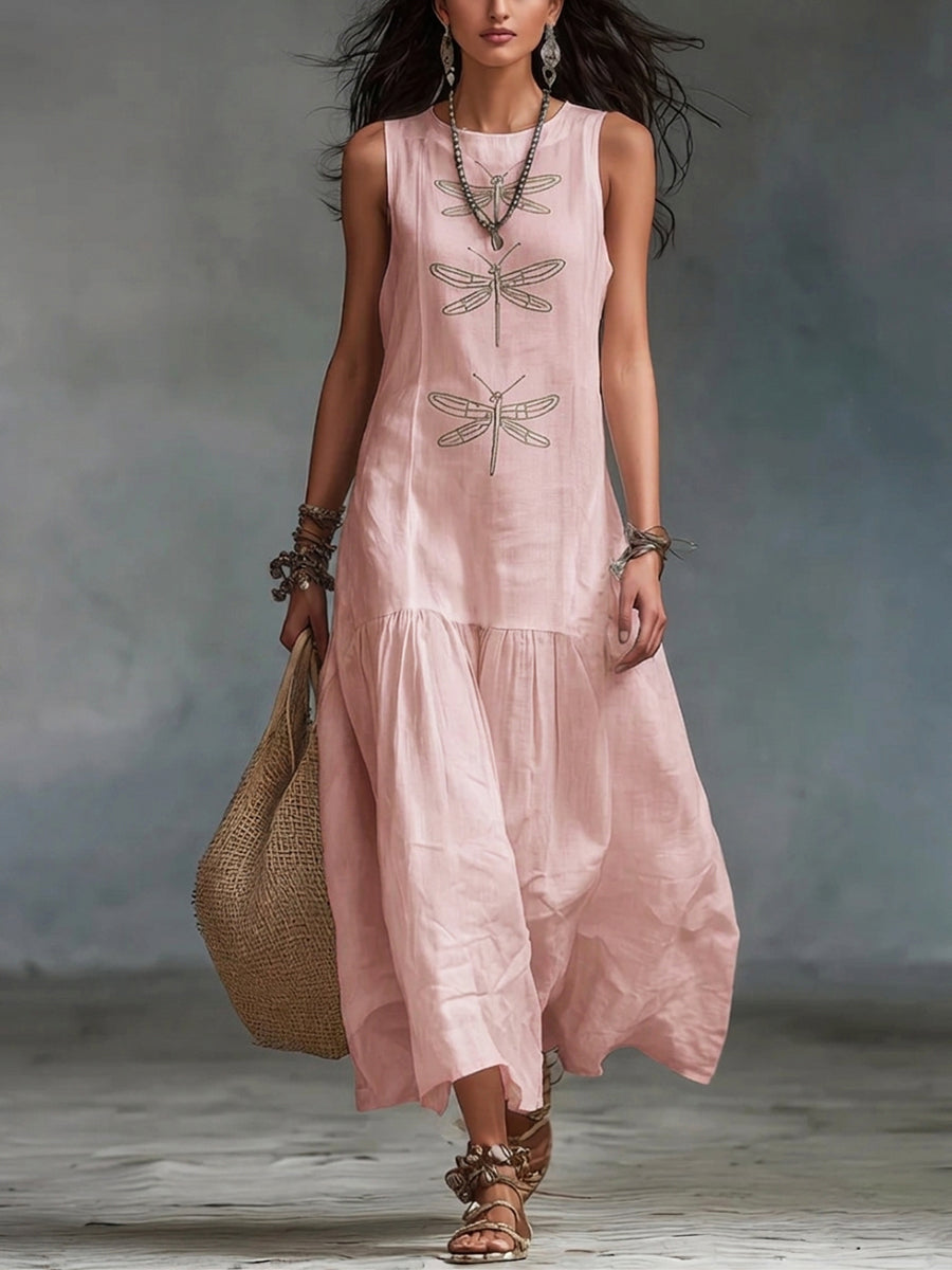 Retro Boho Dragonfly Print Linen Maxi Dress