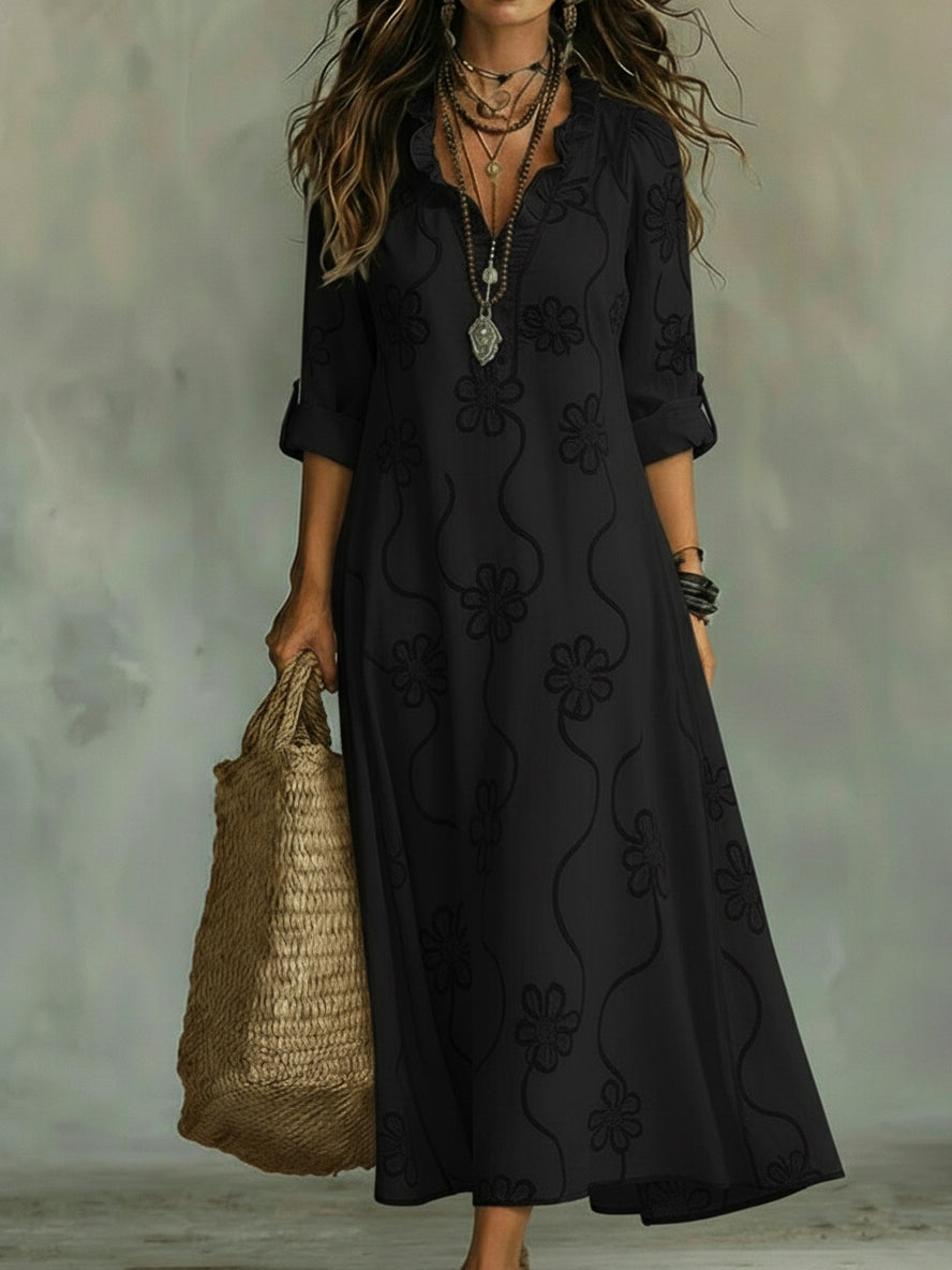 Retro Floral Ruffled-Collar A-Line Dress