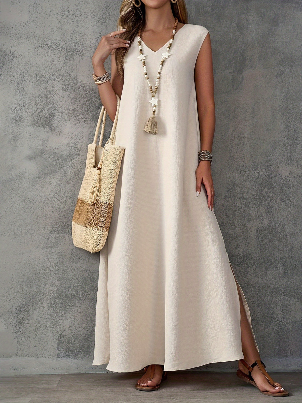 Boho Chic Linen-Blend Side-Slit Maxi Dress