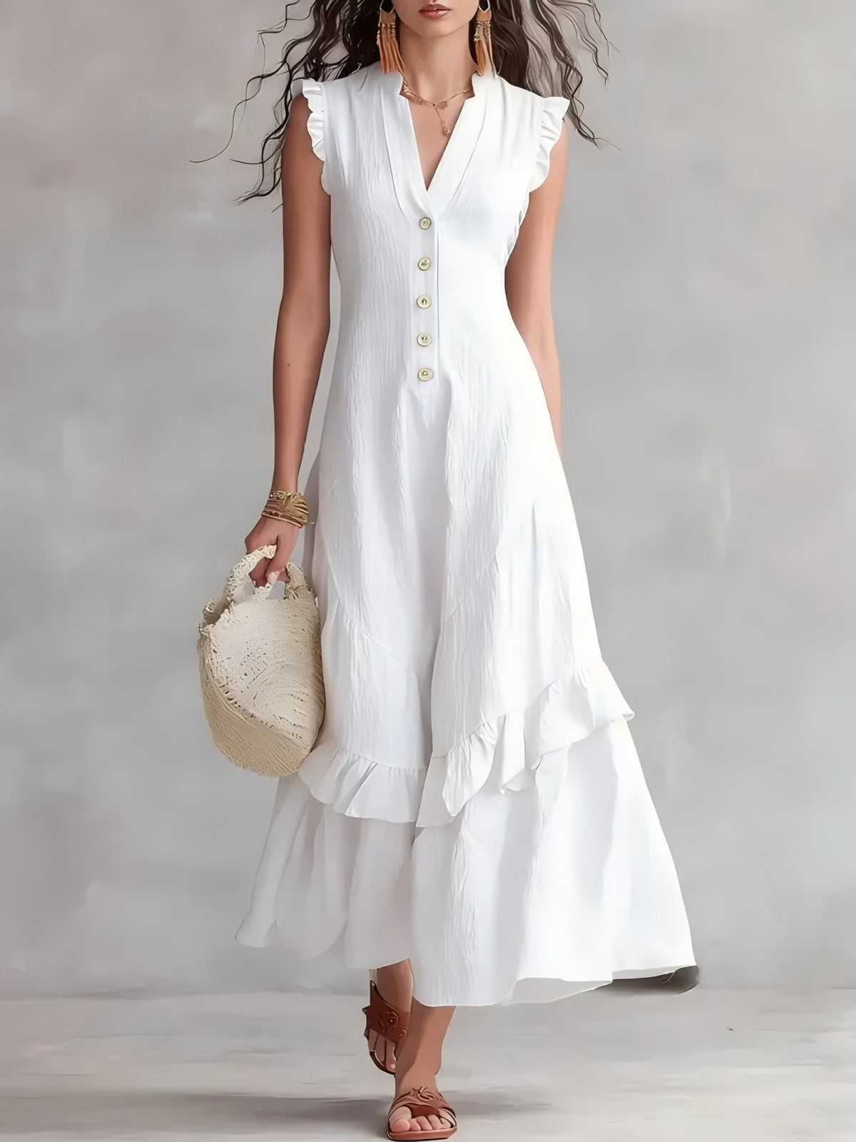 Ruffle-Hem Linen-Blend Maxi Dress